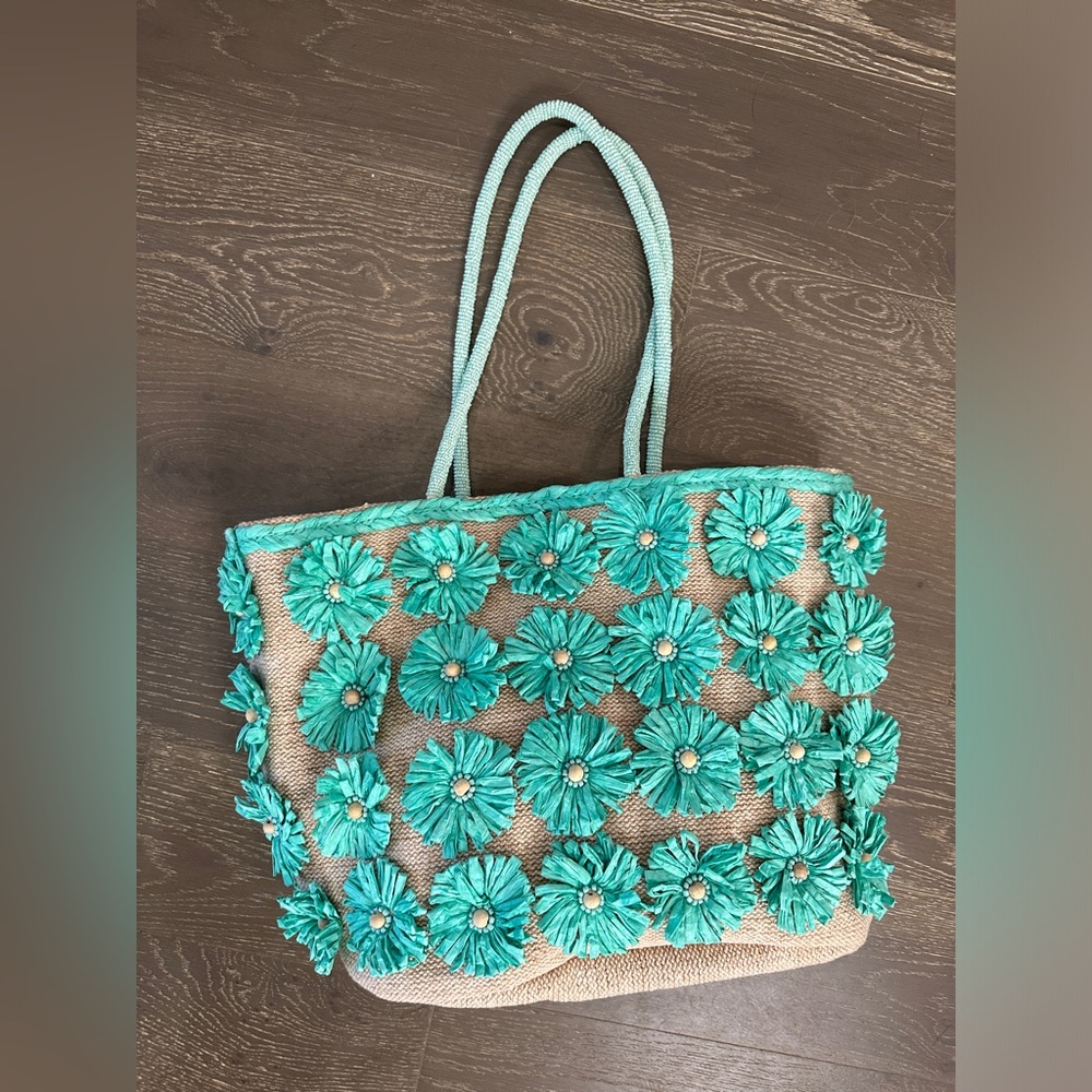 NWT Handcrafted in India Turquoise & Beige Beach Bag